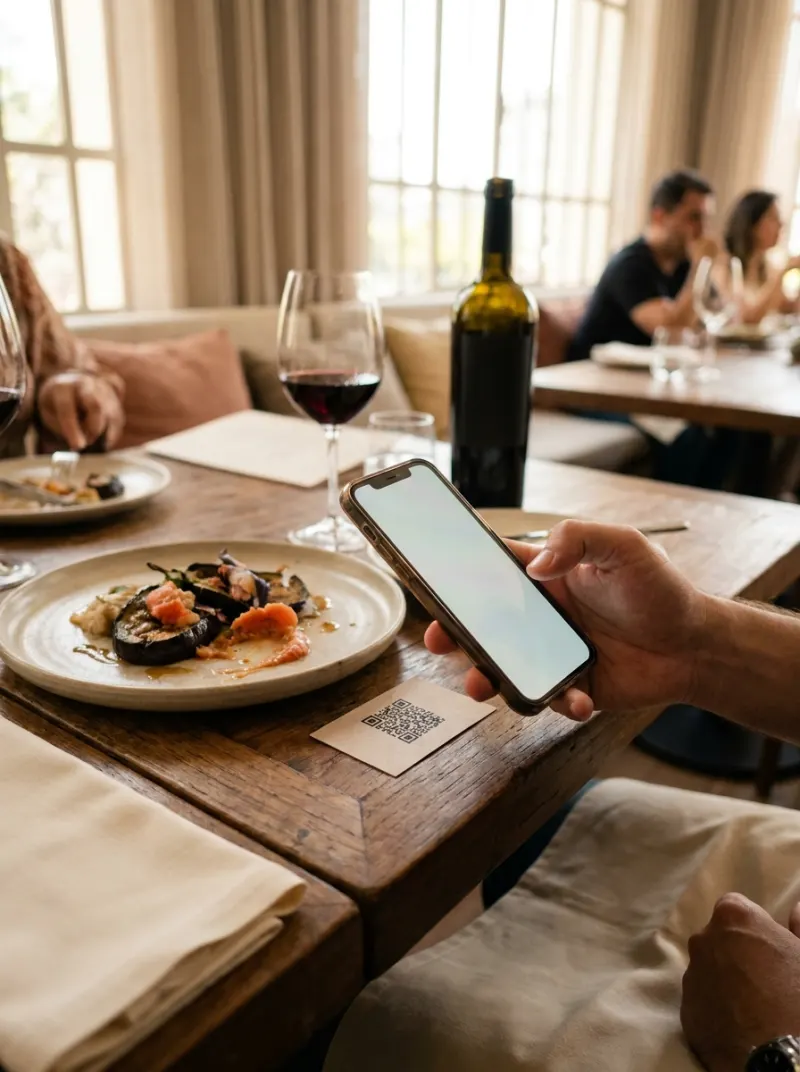Cliente olha o celular enquanto o garçom serve um risoto de cogumelos