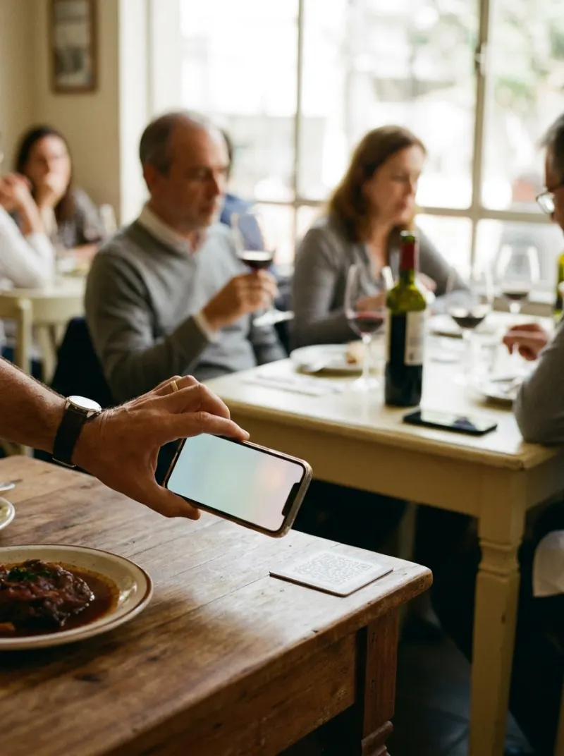 Mão com celular apontado para o QR da mesa, ao lado do prato