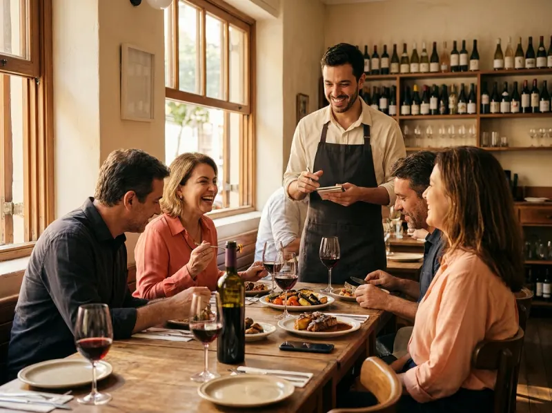 Garçom sorri e explica algo para uma mesa, com caderno na mão