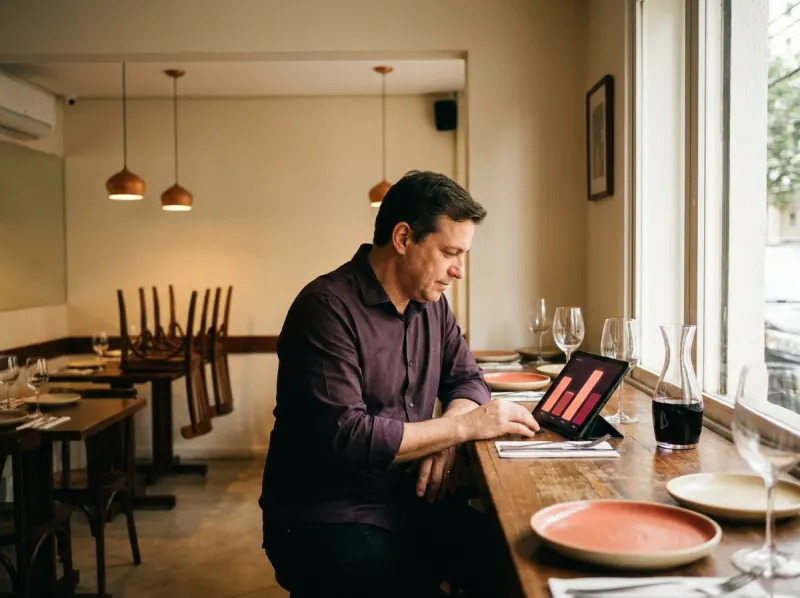 Dono do restaurante no balcão olhando um tablet depois do serviço